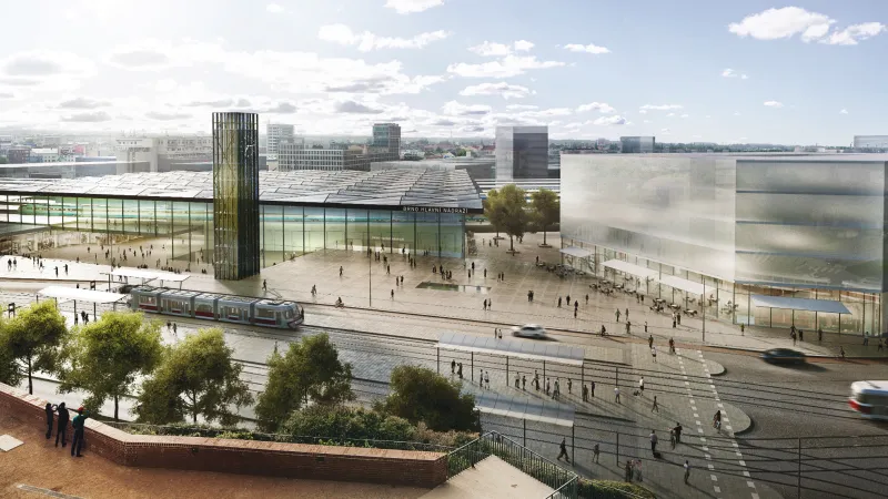 Pohled na hlavní budovu nového nádraží na lokalitě pod Petrovem