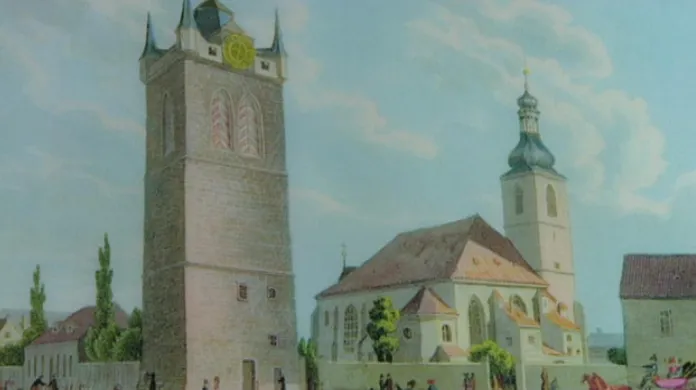 Dobový pohled na Jindřišskou věž a kostel sv. Jindřicha