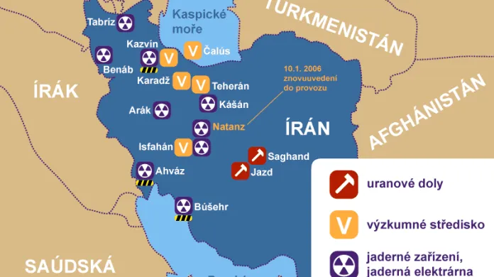 Mapka popisující známý stav jaderných zařízení na území Íránu v roce 2007