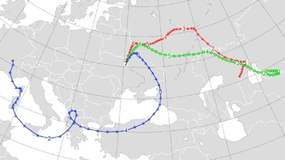 Potenciální šíření částic z Ukrajiny v pátek ráno v různých výškách