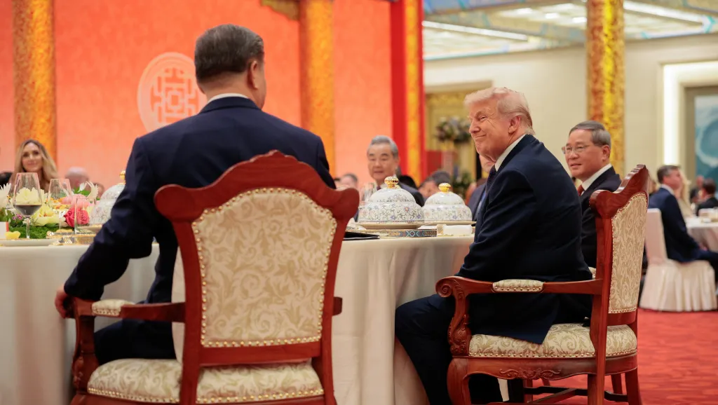 Si Ťin-pching a Donald Trump na večerním banketu v Číně
