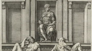 Cornelis Cort podle Michelangela Buonarottiho, Náhrobek Giuliana Medicejského: Noc a den, 1570, mědiryt