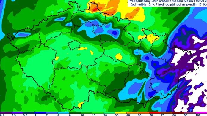 Předpokládané srážky od nedělního rána do půlnoci