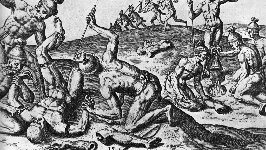 Vůbec první vyobrazení skalpování v Americe na rytině Theodora de Bry, vydané v roce 1591. Skalp na zemi, nad ohněm i v rukou vítěze