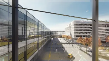 Návrh podoby pražského letiště s novými parkovacími domy a skywalkem