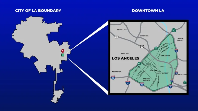 Území L. A. vyznačující, kde platí noční zákaz vycházení od 20:00 tamního času (středečních 5:00 SELČ) do 6:00 (15:00 SELČ)