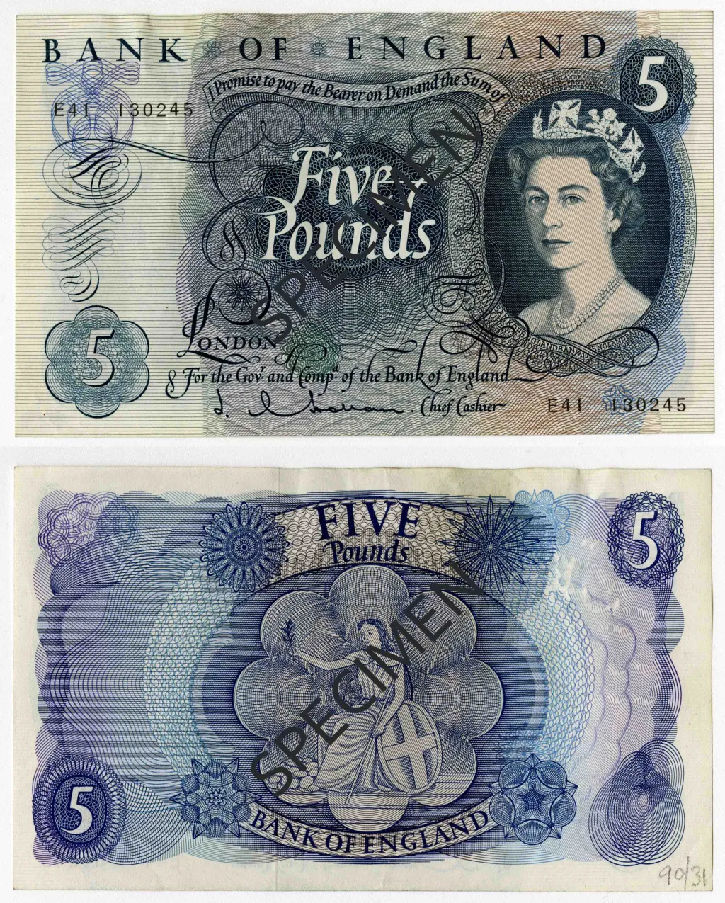 Bankovka série C s královnou Alžbětou II. v hodnotě pět liber (v oběhu od 21. 2. 1963 do 31. 8. 1973)