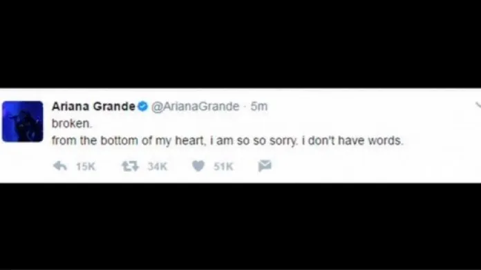 Tweet zpěvačky Ariany Grande, která ten večer v hale koncertovala Zdroj: Reuters