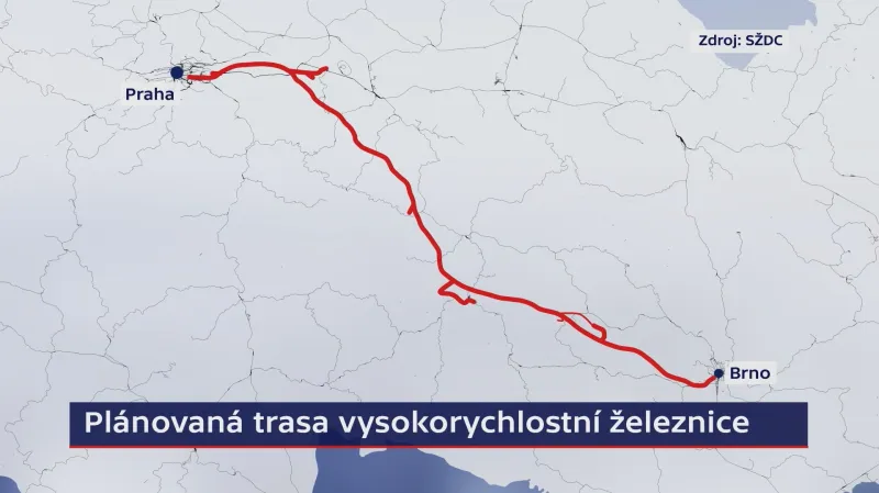 Plánovaná trasa tratě pro rychlovlaky