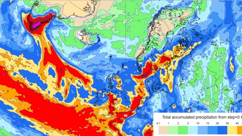 Očekávaná suma srážek do páteční půlnoci podle modelu Evropského centra pro střednědobou předpověď
