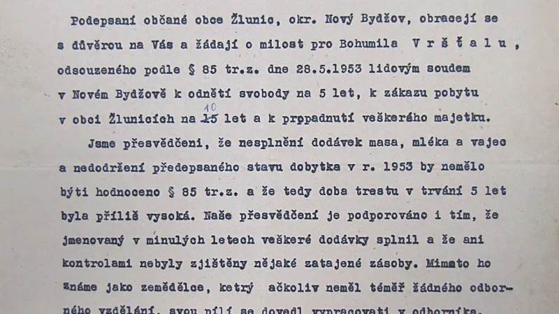 Dobrozdání, se kterým se žluničtí obyvatelé obrátili na prezidenta s žádostí o propuštění B. Vršťaly