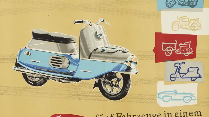 Zahraniční reklamní plakát na československý skútr Čezeta vyráběný v letech 1957 - 1964 strakonickým podnikem České závody motocyklové. Pro svůj vzhled dostal přezdívku prase.