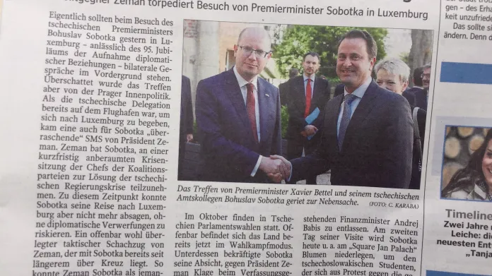 Lucemburský list WORT o Sobotkově návštěvě na pozadí vládní krize