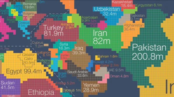 Anamorfovaná mapa Blízkého východu. Velikost odpovídá počtu obyvatel