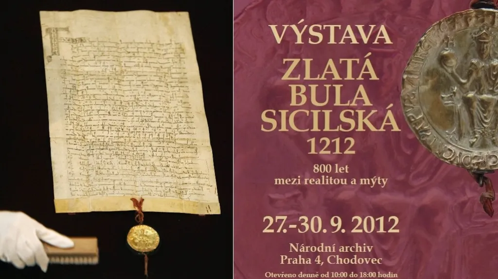 Originál Zlaté buly sicilské (vlevo) a plakát k výstavě