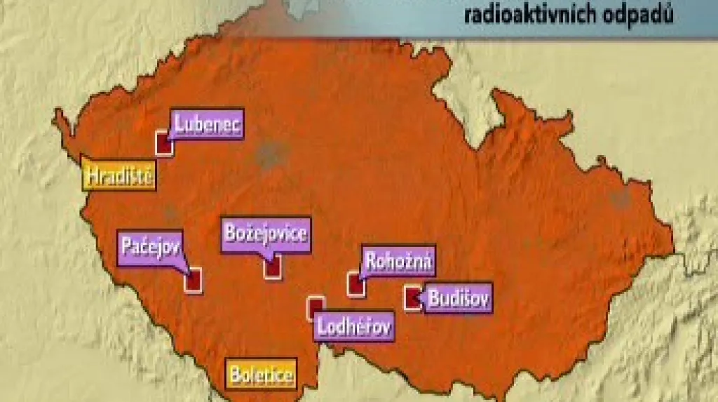 Mapa vytipovaných úložišť jaderného odpadu