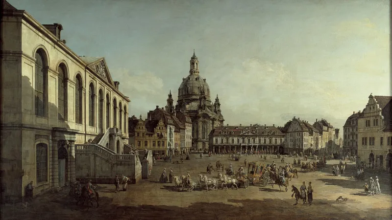 Drážďanská Frauenkirche na obraze italského malíře Bernarda Bellotta z roku 1749