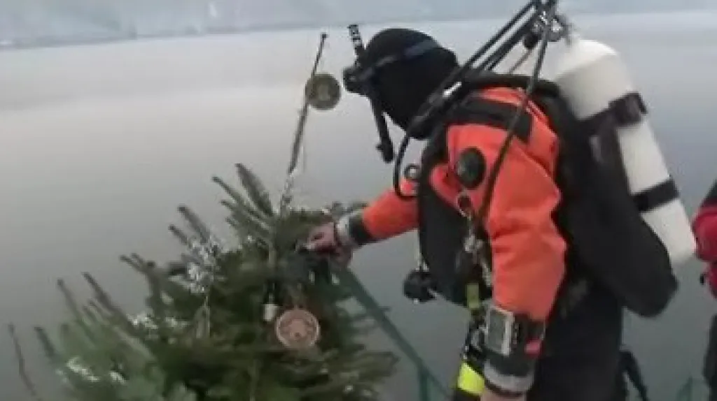 Vánoční stromeček umístili potápěči pod hladinu Vranovské přehrady