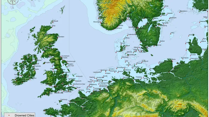 Evropa, pokud by hladina oceánu stoupla o 70 metrů