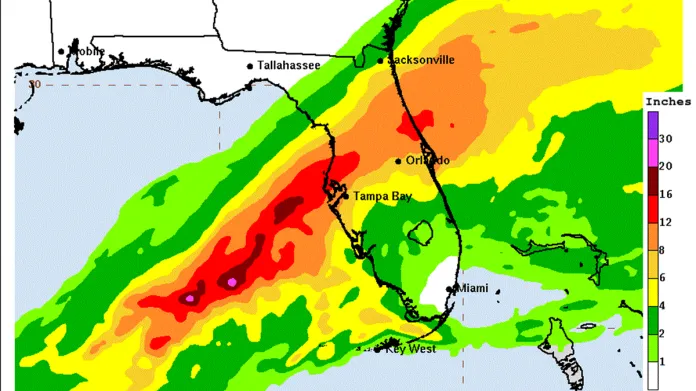 Očekávané množství srážek v souvislosti s hurikánem Milton (10 inch = 254 milimetrů)