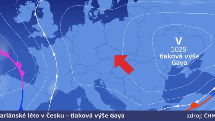 Tlaková výše má střed nad východní Evropou - dostala jméno Gaya