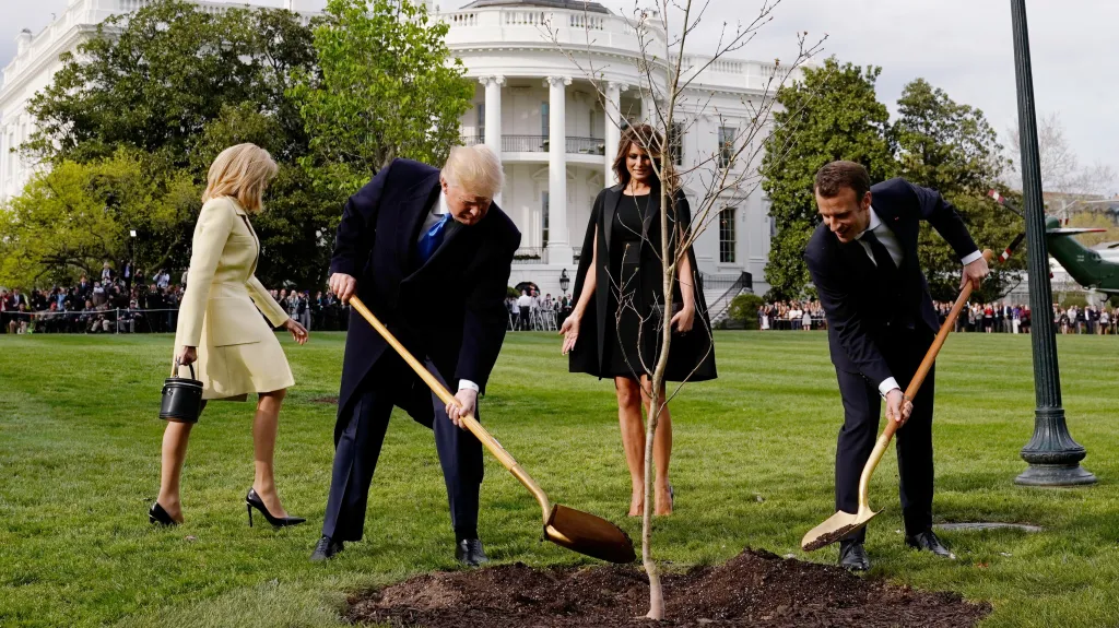 Donald Trump s Emmanuelem Macronem zasazují dub před Bílým domem