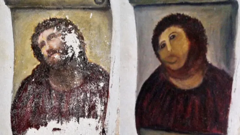 Obraz Ecce Homo před a po zásahu restaurátorky