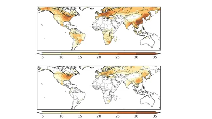 Odhadovaný podíl znečištění na úmrtnosti na Covid-19 (v procentech). Horní graf ukazuje vliv znečištění ze všech civilizačních zdrojů, dolní graf jen vliv fosilních paliv. Čím zmavší barva, tím větší je podíl.