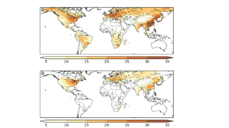 Odhadovaný podíl znečištění na úmrtnosti na Covid-19 (v procentech). Horní graf ukazuje vliv znečištění ze všech civilizačních zdrojů, dolní graf jen vliv fosilních paliv. Čím zmavší barva, tím větší je podíl.