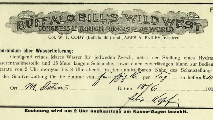 Potvrzení dodávky vody pro show Bufallo Billa v Ostravě (Archiv města Ostravy, nová registratura, kart. 647, inv. č. 704, cirkus Buffalo Bill)