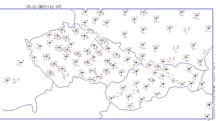 Aktuální počasí v Česku a okolí zakreslené pomocí pavouků