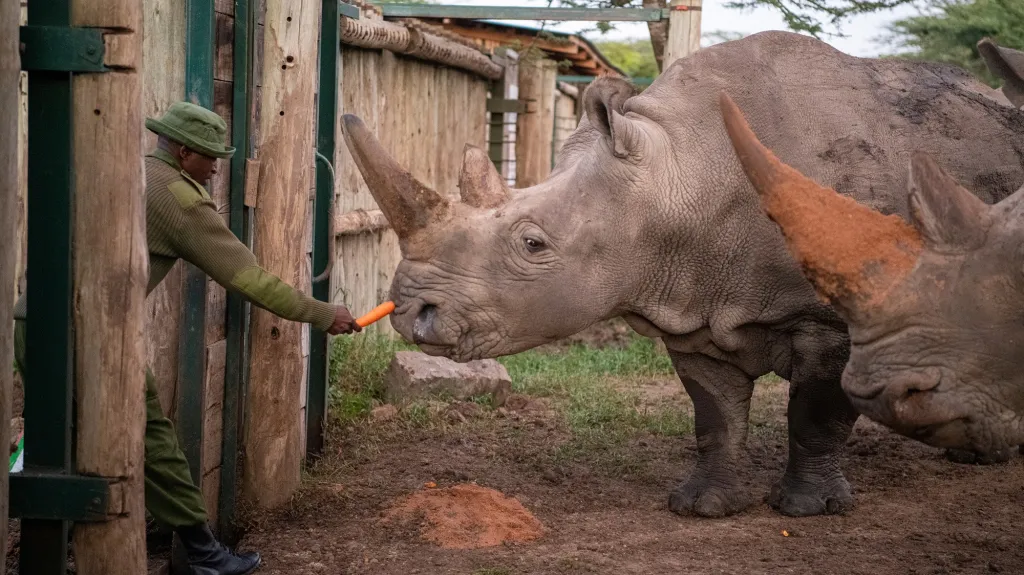 Před procedurou a rozdělením do různých bom pro odběr oocytů uklidňuje samici nosorožce bílého severního Najin její ošetřovatel Zacharia Mutai mrkví a dalšími malými kousky jídla.
