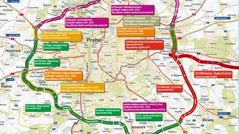 Úseky Pražského okruhu – červeně je dotčený úsek