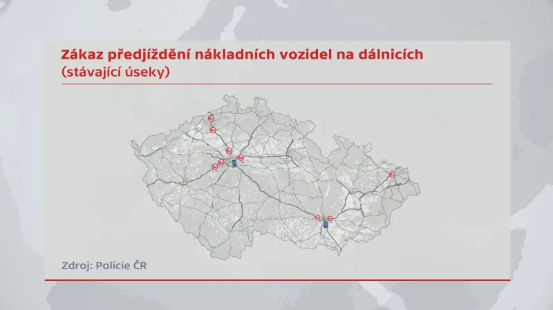 Zákaz předjíždění nákladních vozidel na dálnicích (stávající úseky)
