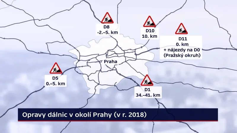 Opravy dálnic v okolí Prahy v roce 2018