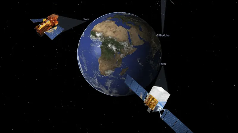 Velké družice a malý nanosatelit. Když družice Fermi a GRBAlpha detekovaly záblesk, observatoř Neila Gehrelse Swifta byla na druhé straně Země a o hodinu později výbuch lokalizovala díky jeho dosvitu