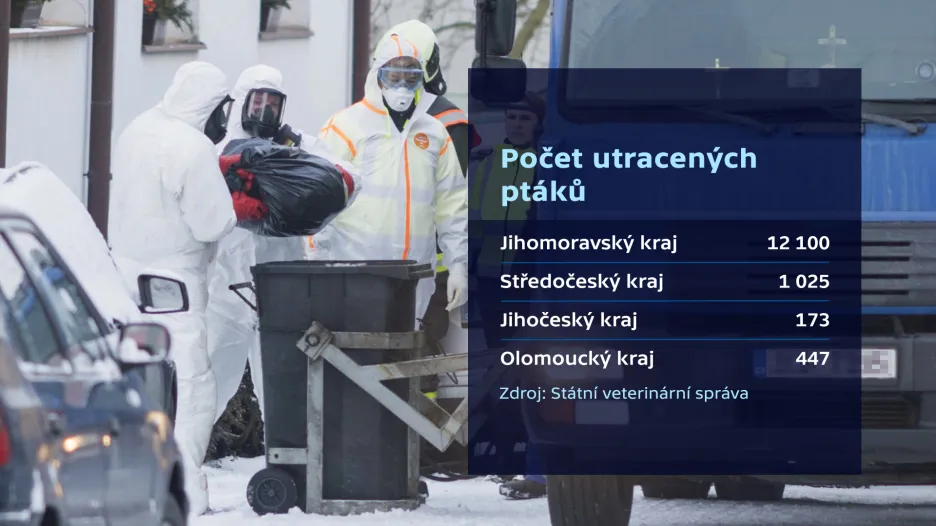 Počet utracených ptáků v jednotlivých krajích