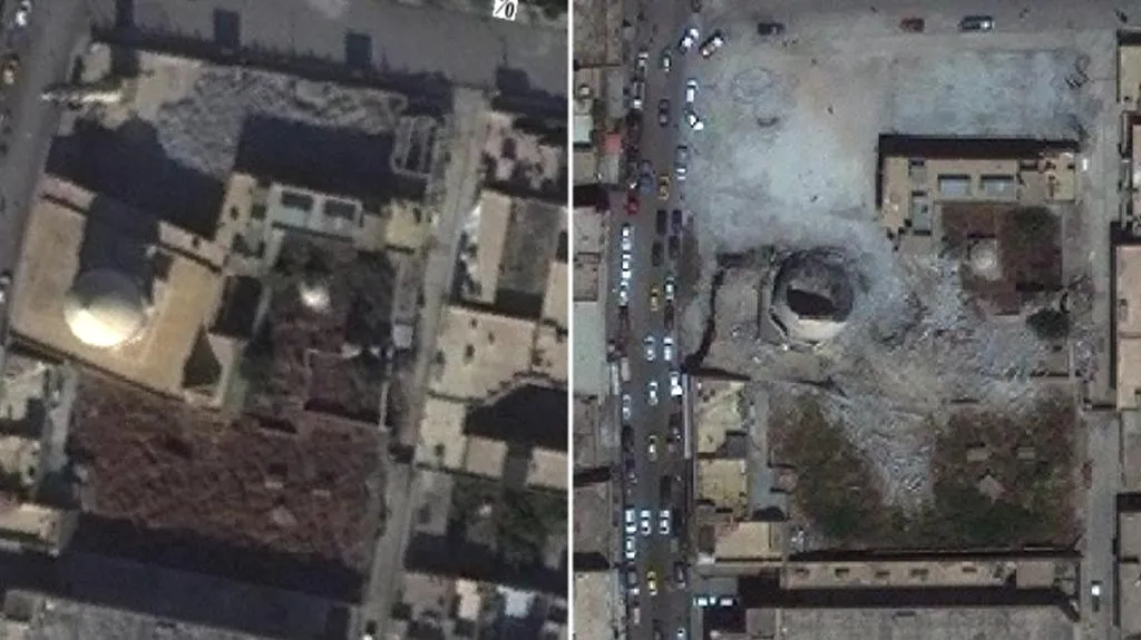 Satelitní snímky ukazují zničené mosulské památky