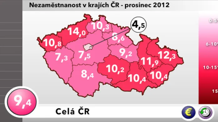 Mapa nezaměstnanosti v krajích ČR