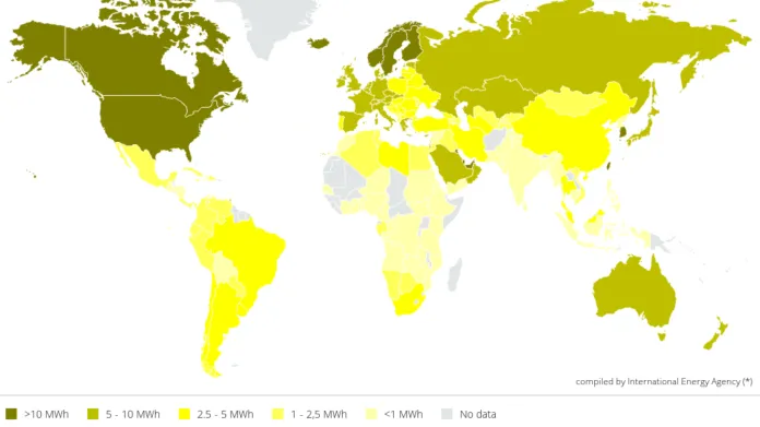Spotřeba elektřiny na osobu (MWh/os.) v roce 2016