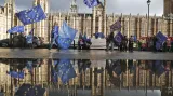 Demonstranti mávají vlajkami EU na demonstraci proti brexitu před budovou parlamentu v Londýně.