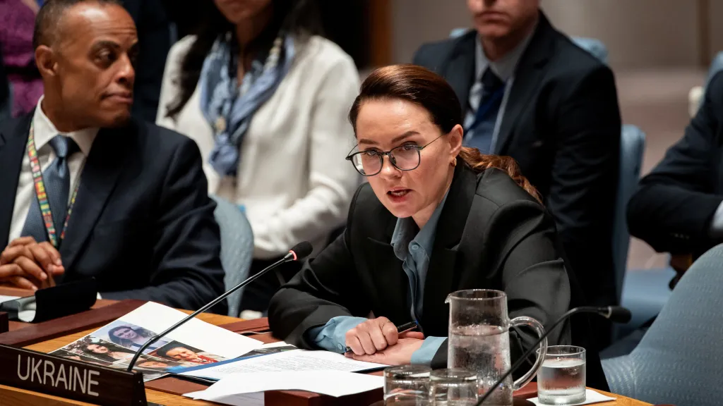 Ukrajinská premiérka Julija Svyrydenková na snímku z OSN 29. srpna 2025