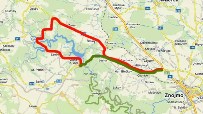 Původní a objízdná trasa do Vranova nad Dyjí