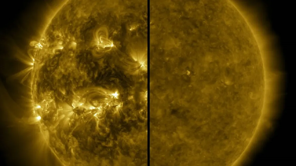 Rozdíl mezi slunečním maximem (vlevo) a minimem (vpravo)