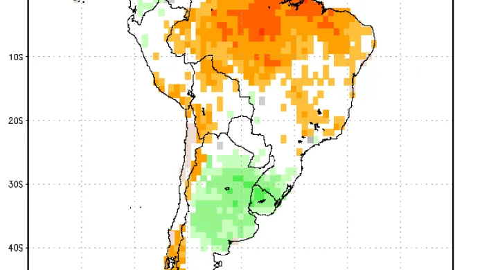 Pravděpodobnostní předpověď srážek pro Jižní Ameriku pro období prosinec 2023 – únor 2024 – pro velkou část střední a východní Brazílie jsou očekávány podprůměrné srážky