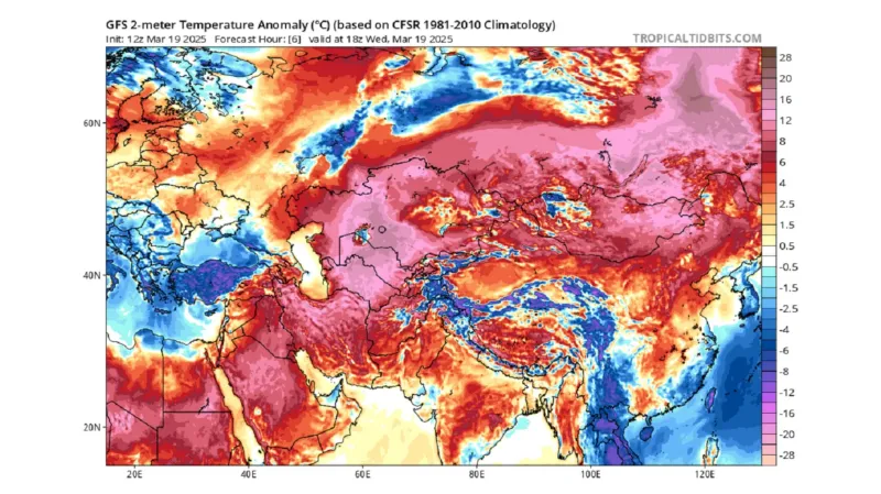 Odchylka teplot od dlouhodobého průměru 19. března ve Střední Asii