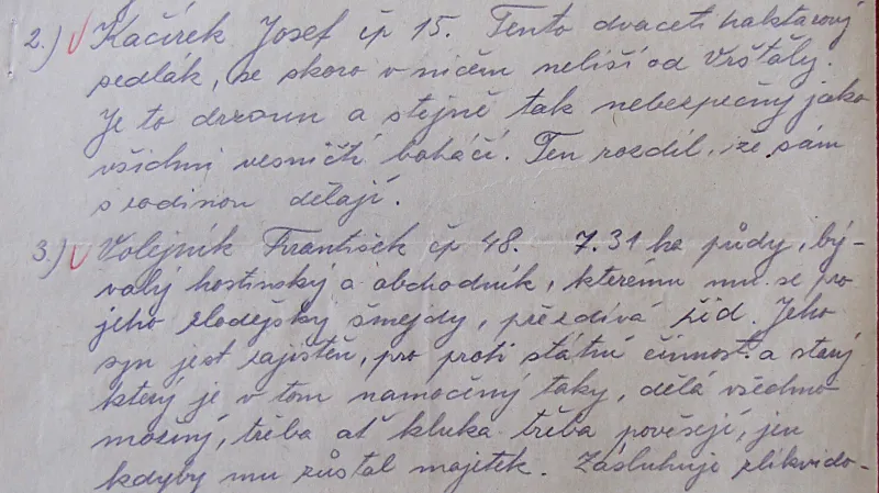 Seznam „vesnických boháčů“ ve Žlunicích vypracovaný tajemníkem Ferdou