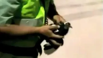 Kolumbijští policisté s chyceným holubem s balíčkem drog