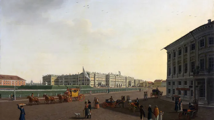 Pohled na palácové náměstí z Něvské třídy v Petrohradu na malbě Benjamina Paterssena, 1800