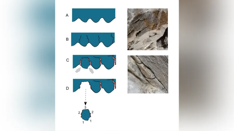Rekonstrukce vzniku rytého kamenného bloku ze stěny jeskyně Švédův stůl. Schéma znázorňuje praskání a rozpad vápencové stěny, které vedly k oddělení fragmentu. Šedě jsou vyznačeny plochy s rytinami